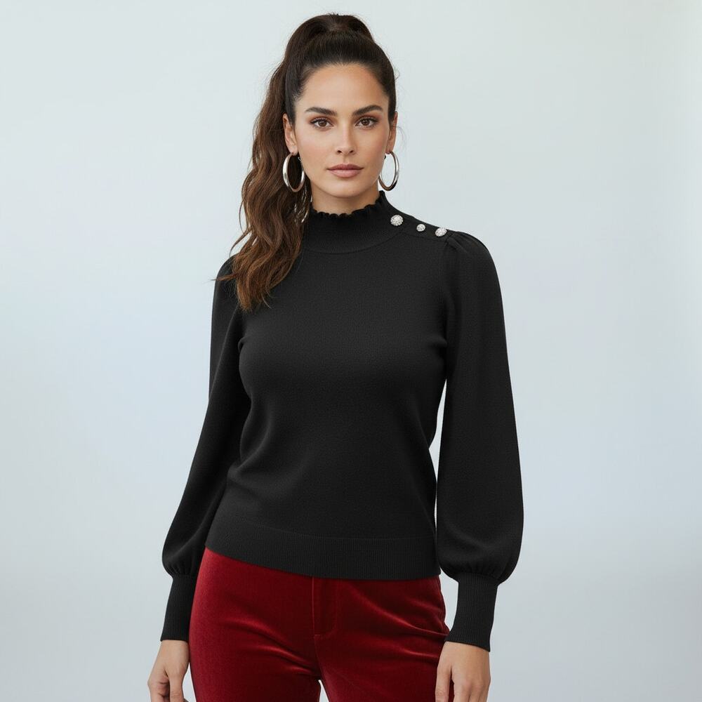 Tahari 100% Cashmere Sweater Womens‎ Large 2 Ply Black Embellishments Mock Neck